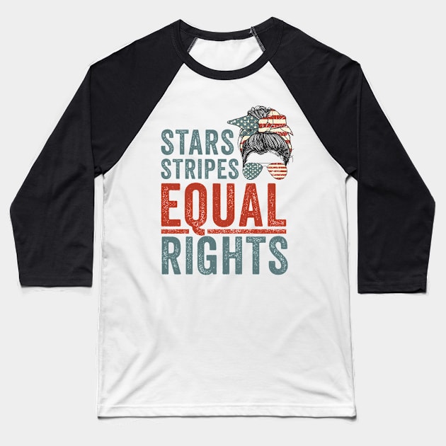 Vintage Messy Bun American Flag Stars Stripes Equal Rights Baseball T-Shirt by BadDesignCo